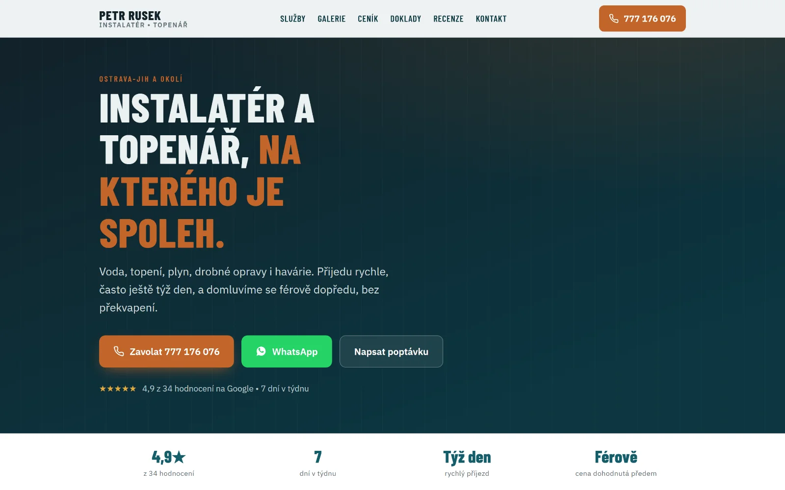 Web pro instalatéra a topenáře – tmavě zelený design s výrazným telefonním číslem a recenzemi