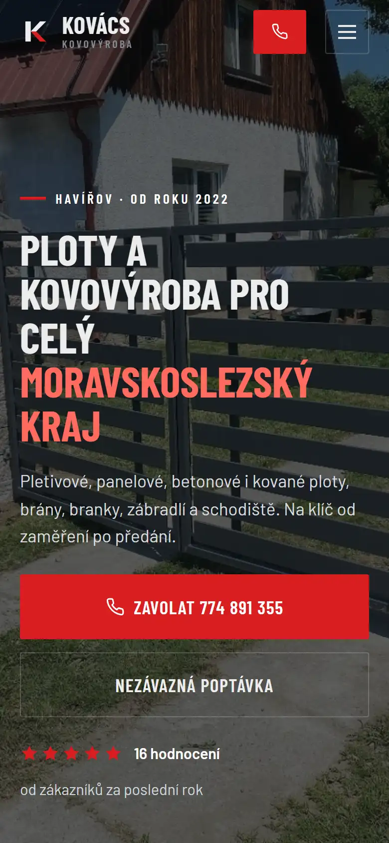 Web pro kovovýrobu – mobilní verze s tlačítkem pro zavolání